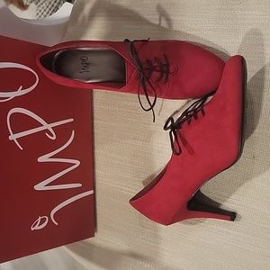 Red Suede Shoes by Impo. Darling heels with black leather ties. Never worn!
